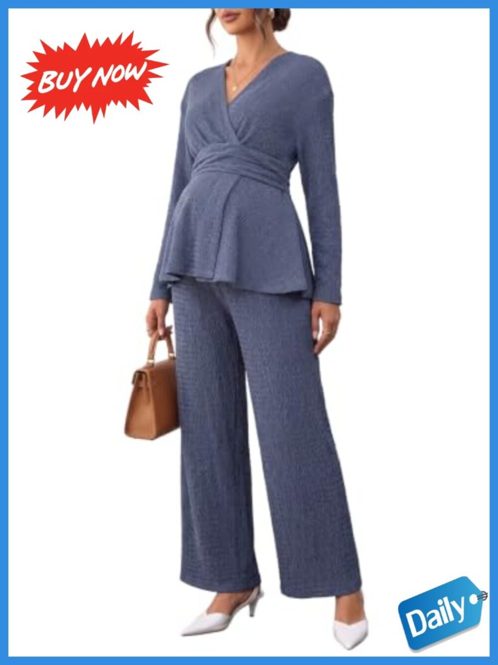 Maternity 2 Piece Outfits Wrap V Neck Long Sleeve Set